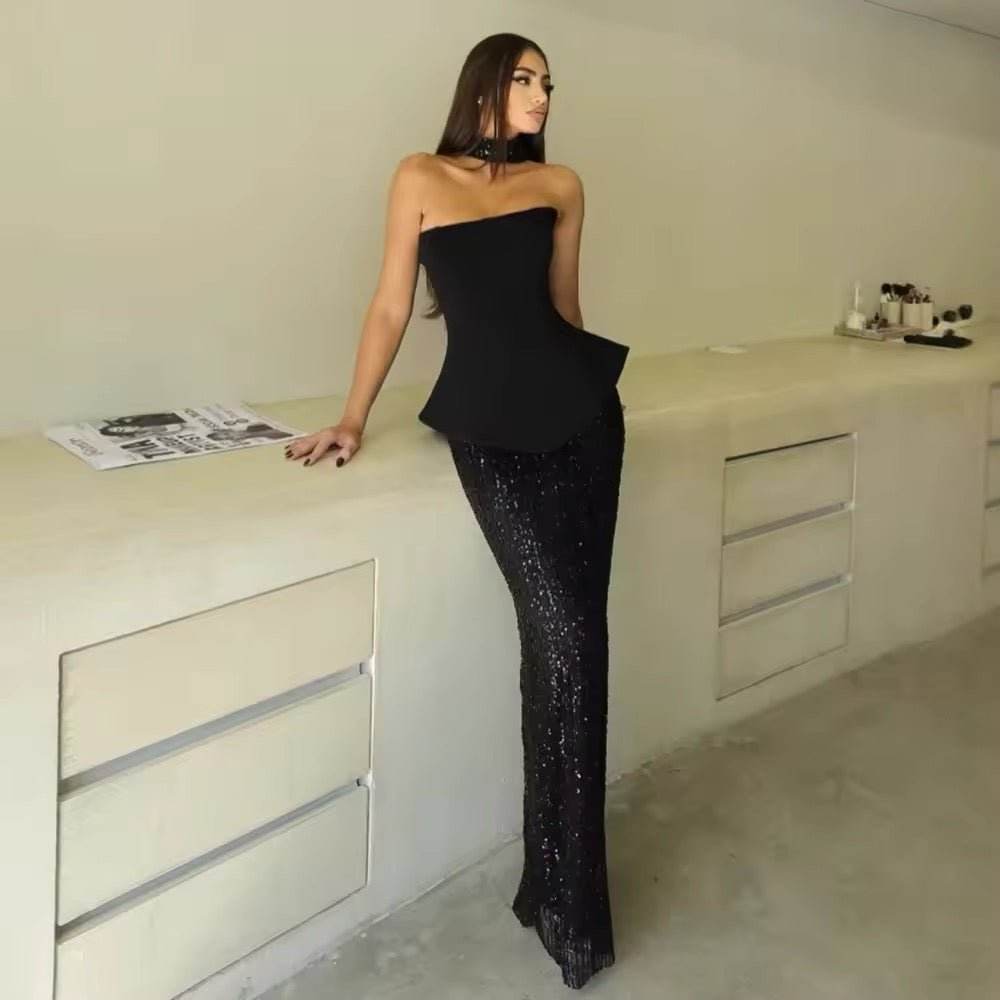 Sequined Mesh Patchwork Strapless Maxi Dress With Ribbon Sexy Off Shoulder - REBECATHELABEL