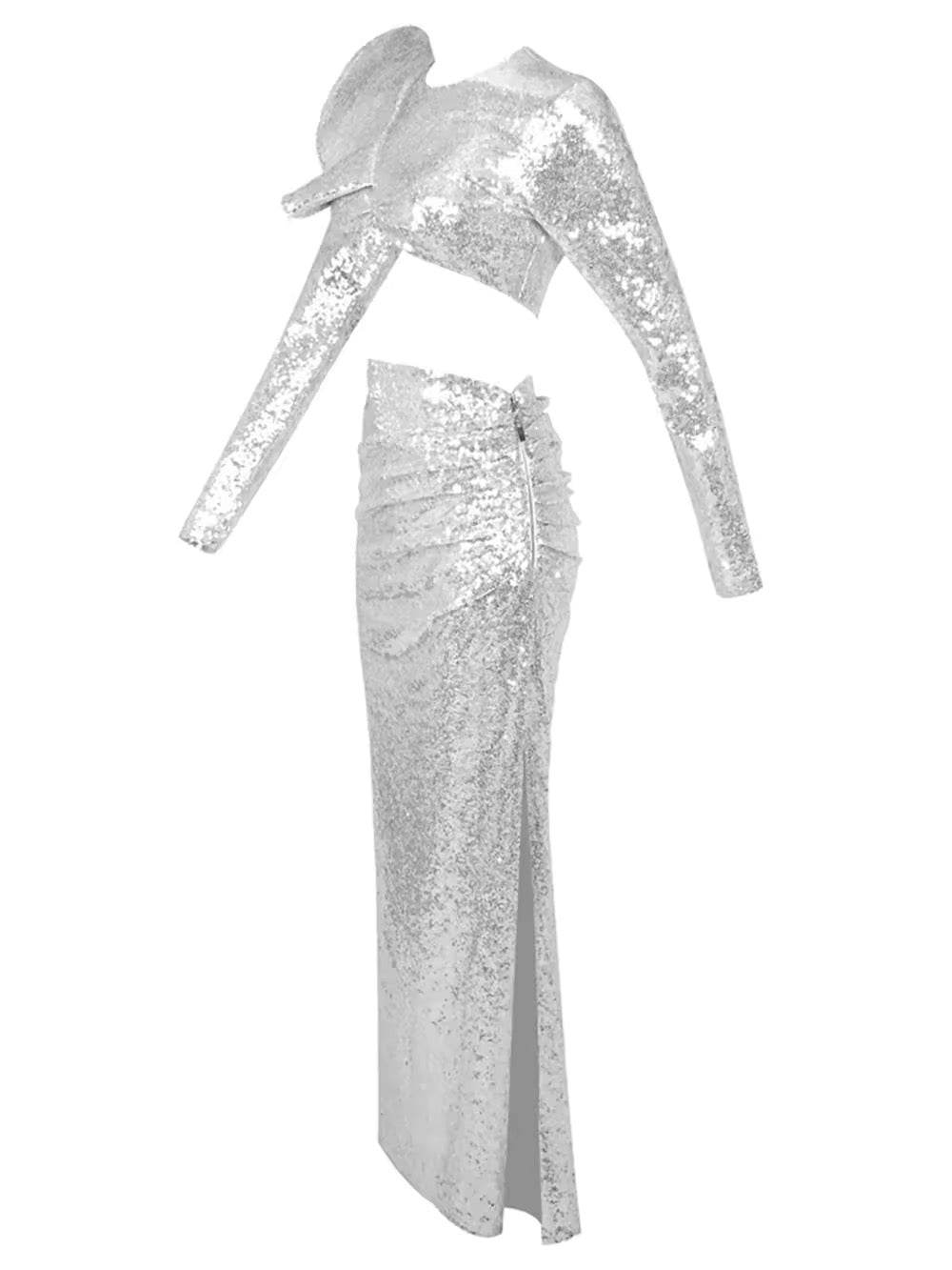 Sequins Ruffle Two Pieces Set Elegant O Neck Full Sleeve Crop Tops Long Skirt - REBECATHELABEL