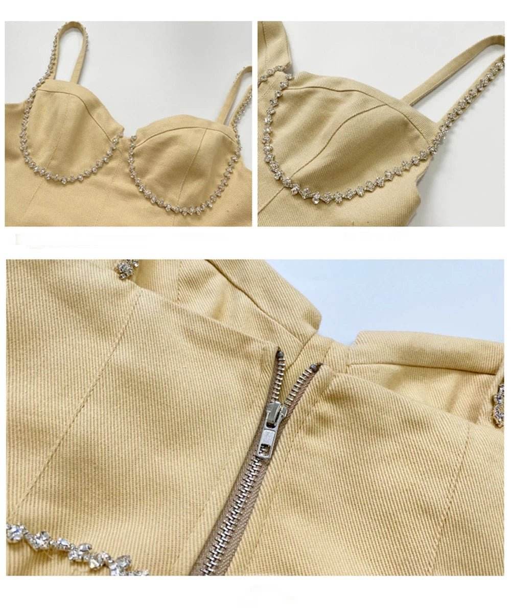 Sexy Sleeveless A-line Denim Diamond Mini Dress - REBECATHELABEL