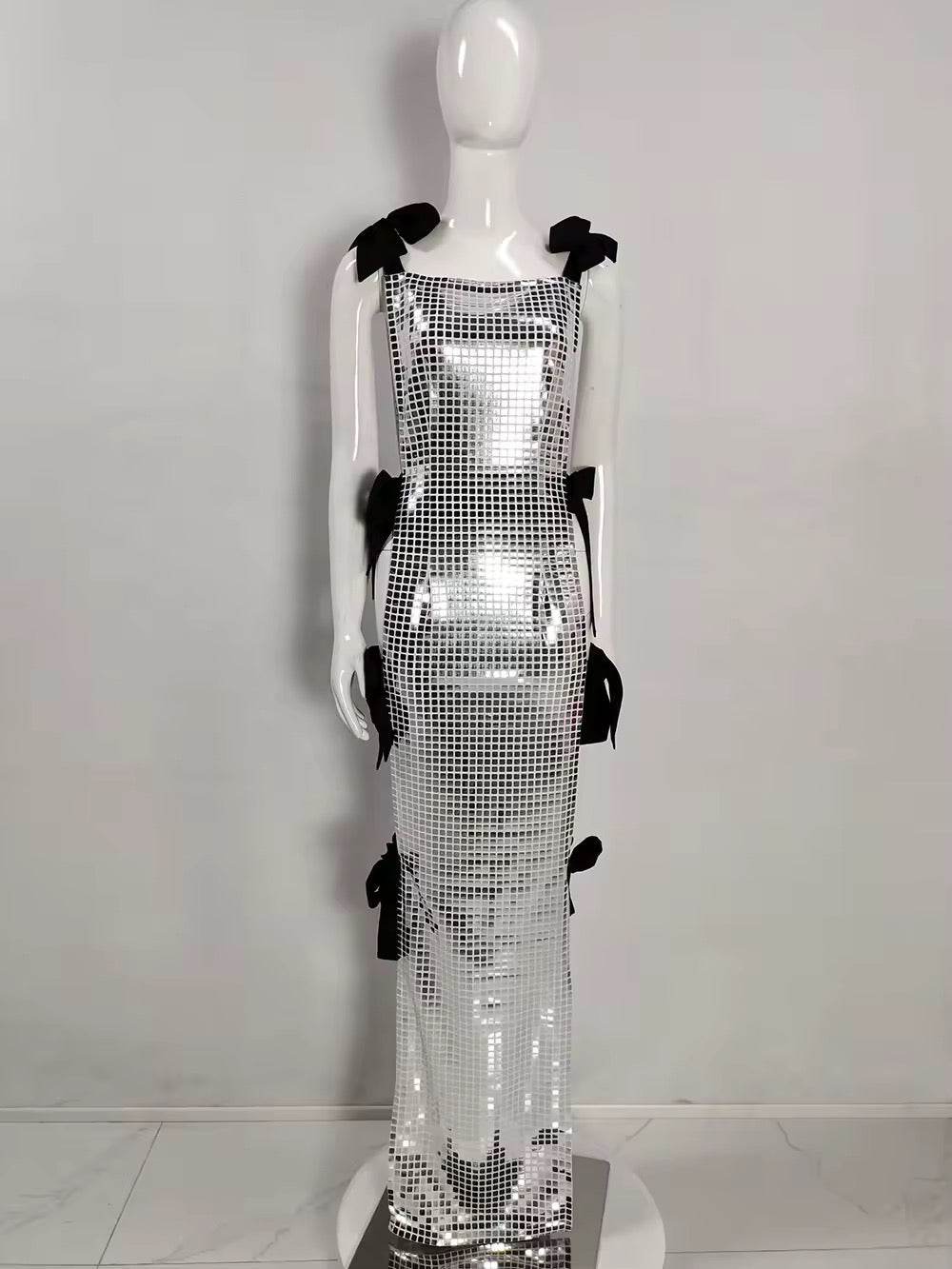 Silver Shining Side lace-up bow Design Slim Long Dress - REBECATHELABEL