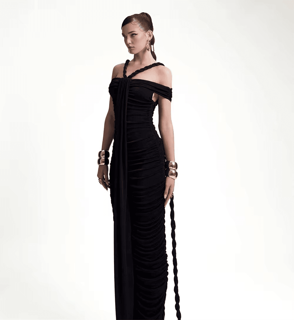 Slash Neck Braided Folds High Waist Elastic Maxi Dress - REBECATHELABEL