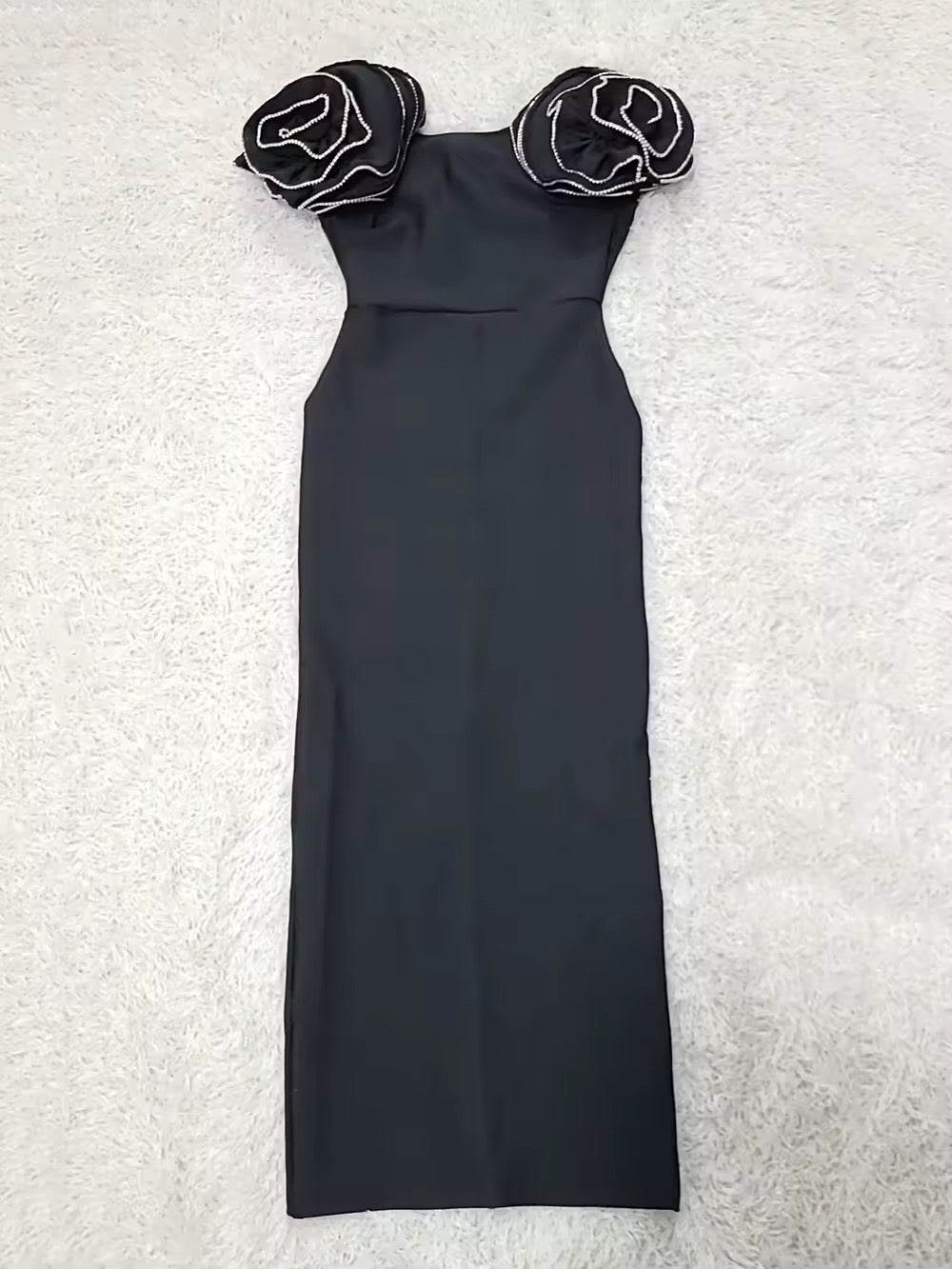 Sleeveless Flower Diamonds Black Maxi Long Bandage Dress - REBECATHELABEL