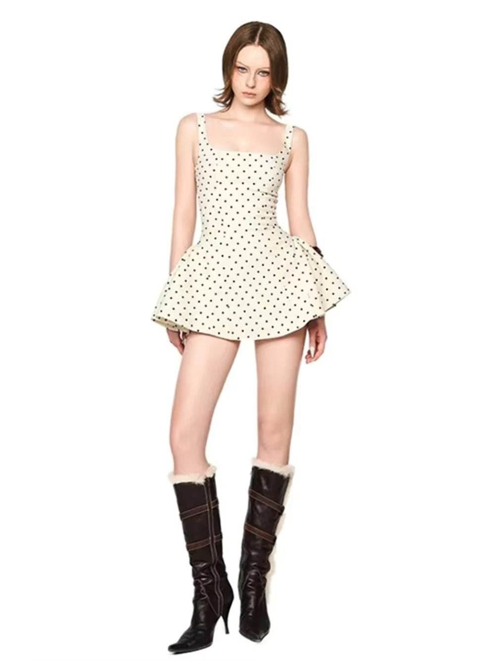 Sling polka dot Mini Dress Women Sexy Slim Square Neck - REBECATHELABEL