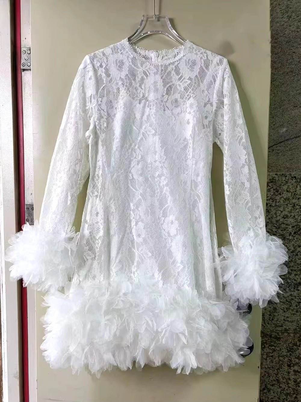 Splicing Layered Petal Tight Lace Mini Dress - REBECATHELABEL