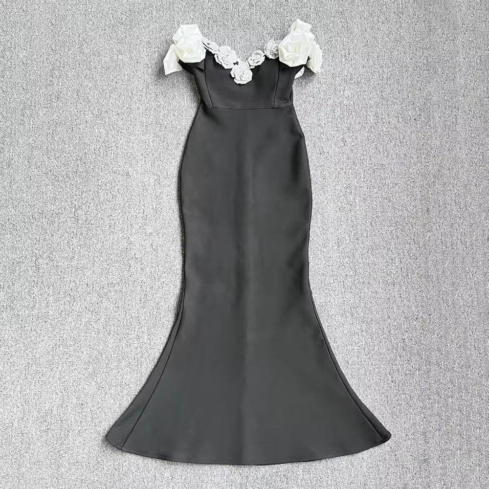 Stereoscopic Flowers Off The Shoulder Ankle Lenght Bandage Dress - REBECATHELABEL