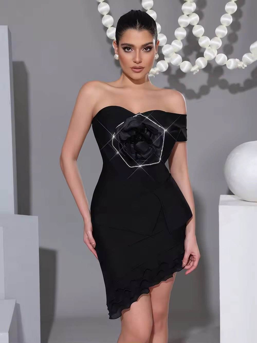 Strapless Diamond Flower Slanted Hem Bandages Short Dress - REBECATHELABEL