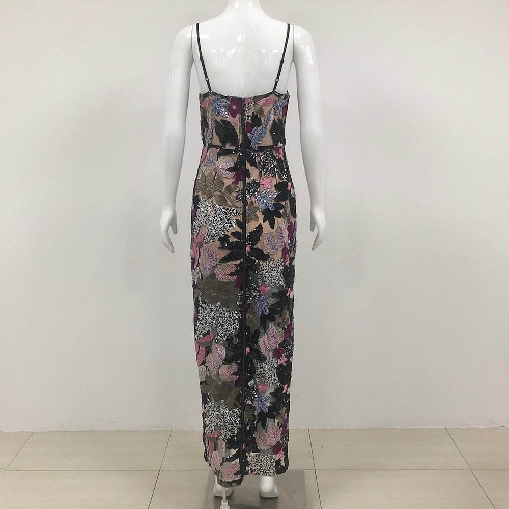 Strapless Embroidery Patchwork Mesh Long Dress - REBECATHELABEL