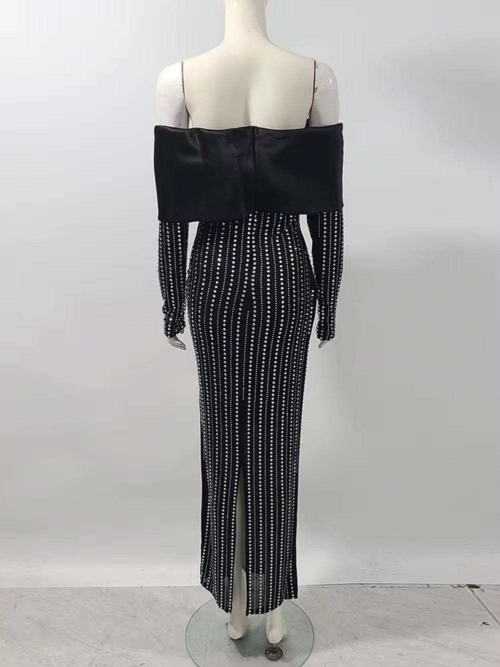 Strapless Flower Rhinestone Maxi Dress With Gloves - REBECATHELABEL