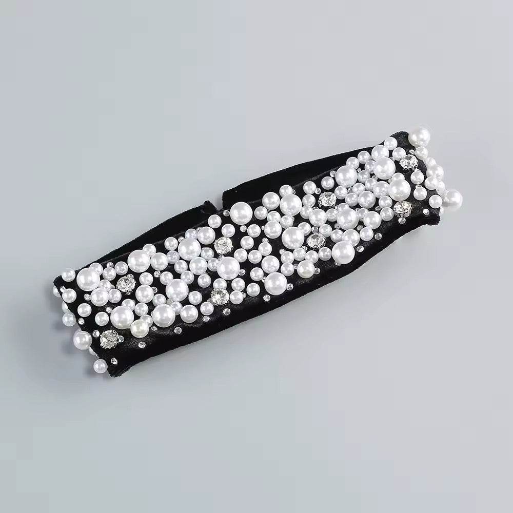 Strapless Plearls Diamonds Long Dress With Gloves Neck - REBECATHELABEL