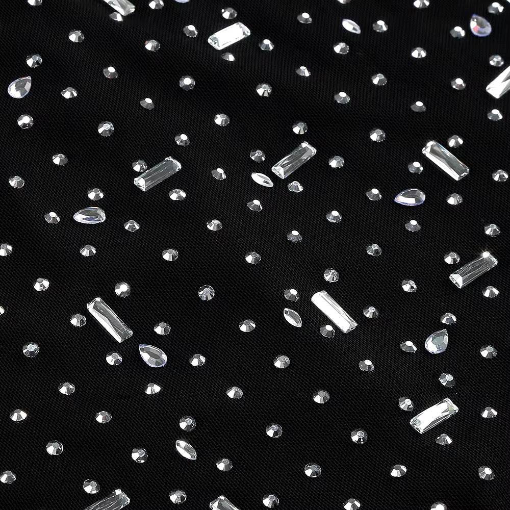 Turtleneck Long Sleeve Mesh Crystal Diamond Long Dress - REBECATHELABEL