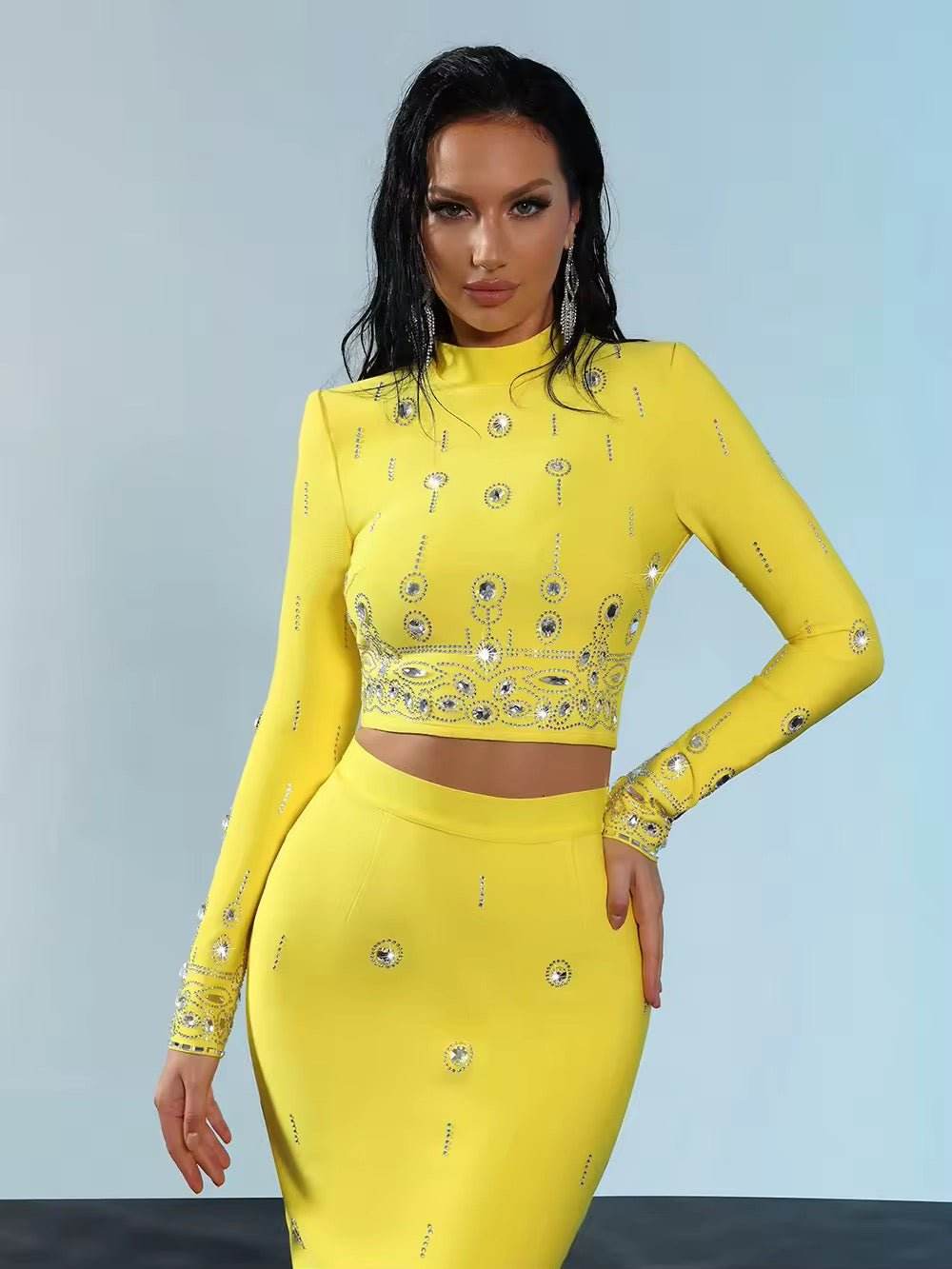 Two Pieces Sets Sexy Diamonds Long Sleeve Tops Skirt set - REBECATHELABEL