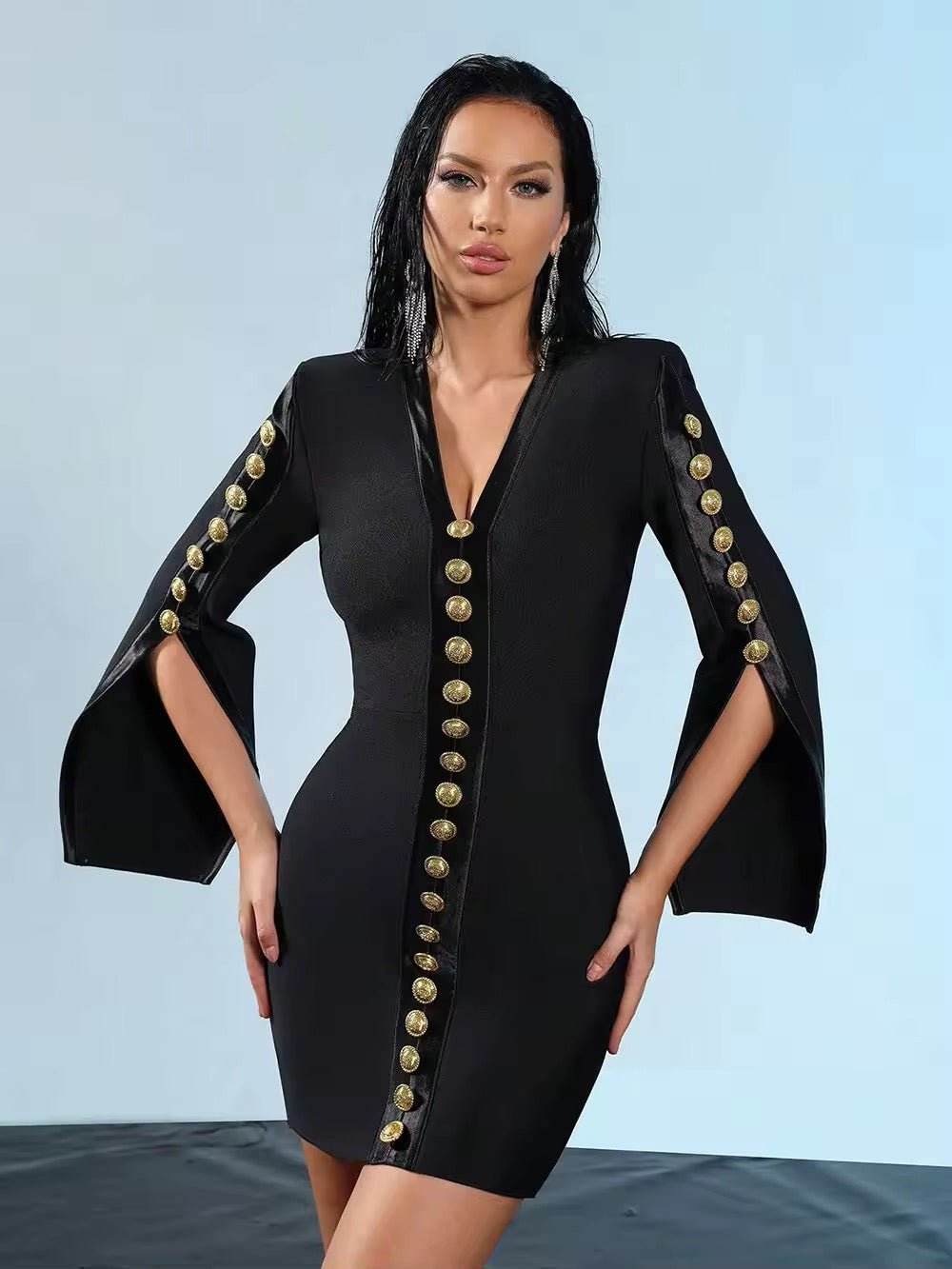 V-Neck Single Breasted Split Flared Sleeve Design Bodycon Bandage Mini Dress - REBECATHELABEL