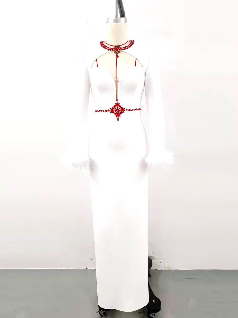 White Feathers Cocktai Bandage Prom Dresses Long Sleeve Tight Crystal - REBECATHELABEL