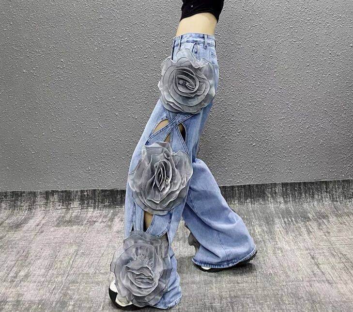 Wide leg flower denim pants - REBECATHELABEL