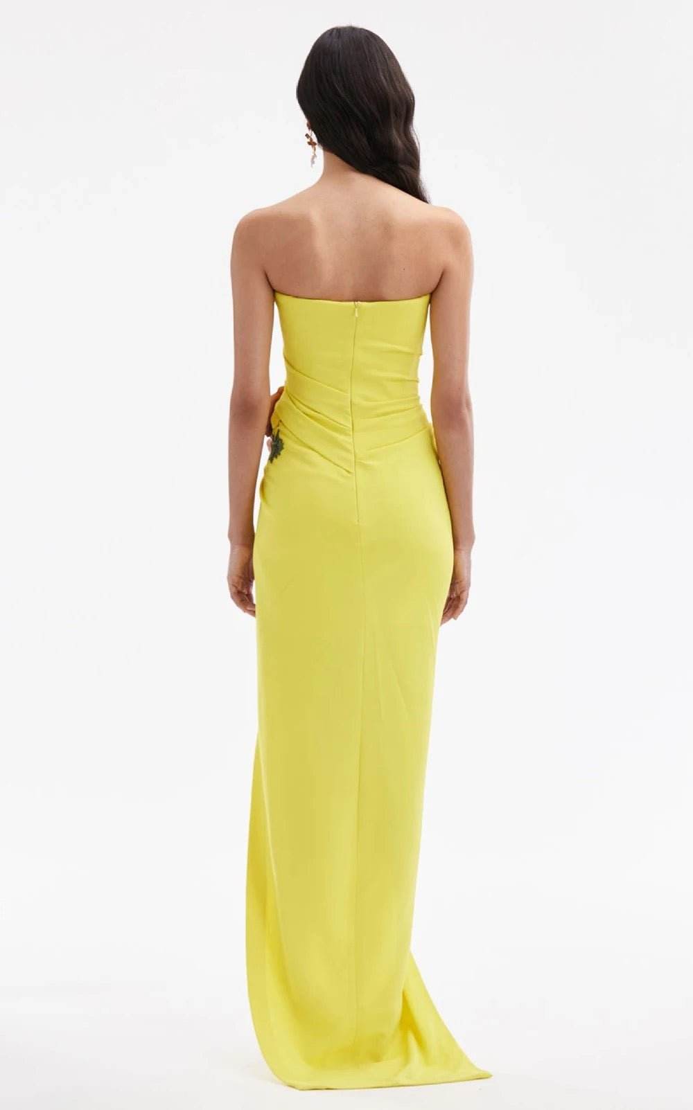 Yellow Sexy Strapless Draped Flower Details High Split Maxi Dress - REBECATHELABEL