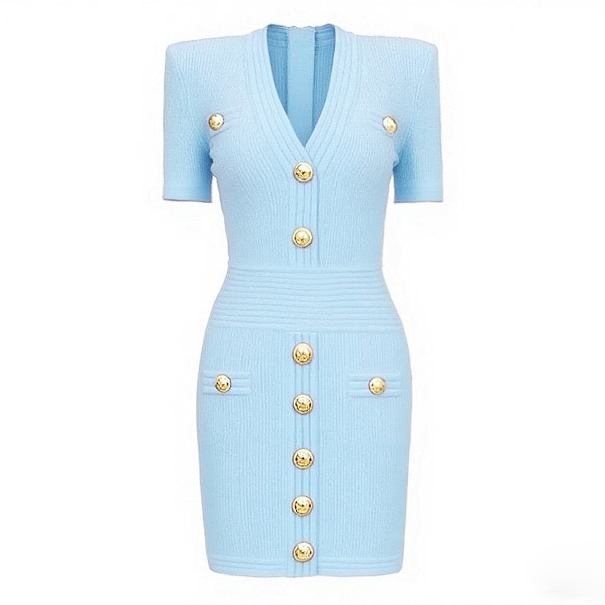 V-Neck Knitted Short Skirt With Rivet Buckle Short Sleeved dress