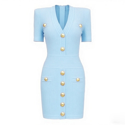 V-Neck Knitted Short Skirt With Rivet Buckle Short Sleeved dress