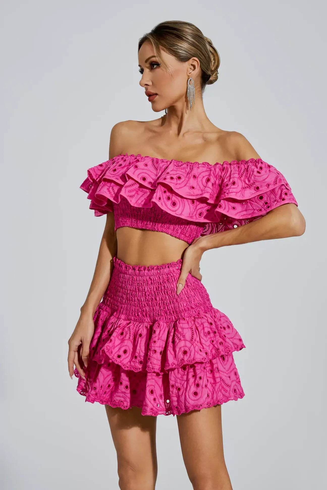 Pink Floral Ruffle Off-Shoulder Set - REBECATHELABEL