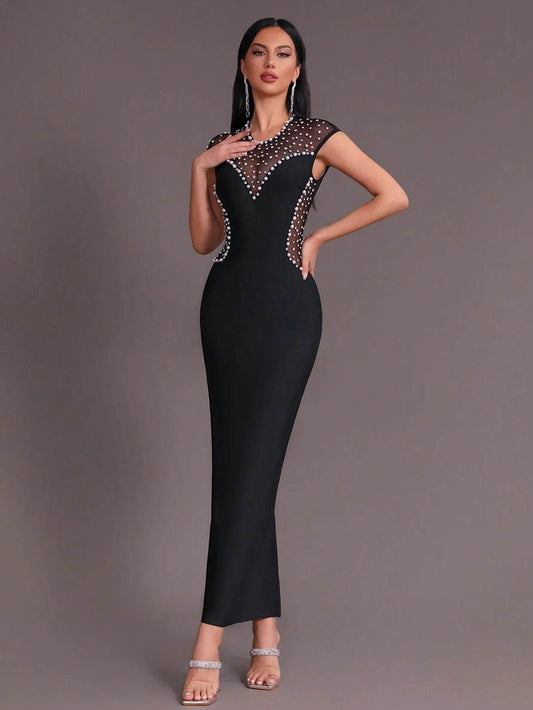 Backless Diamond Pearl Mesh Tight Long Bandage Dress - REBECATHELABEL