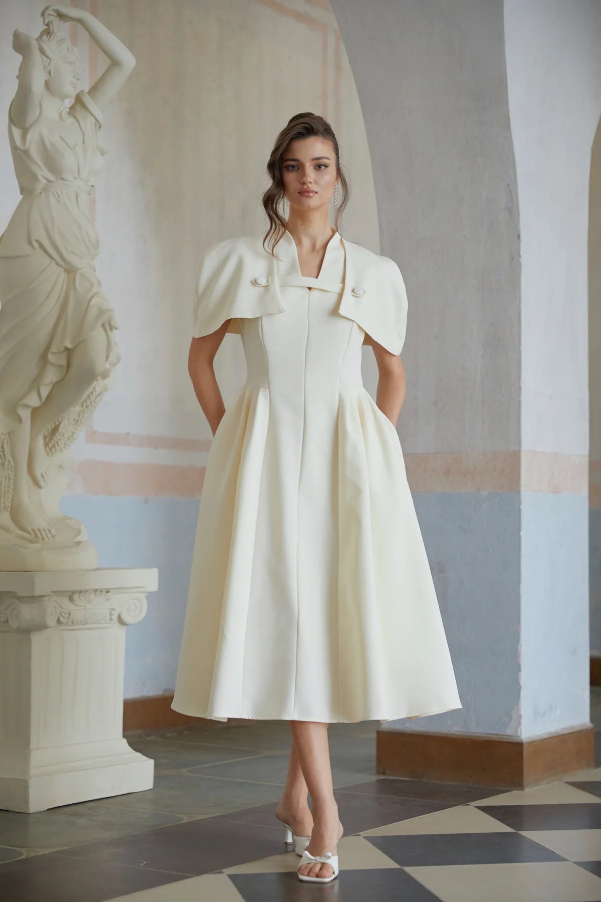 Neutral Shawl Detail Shirred Midi Dress