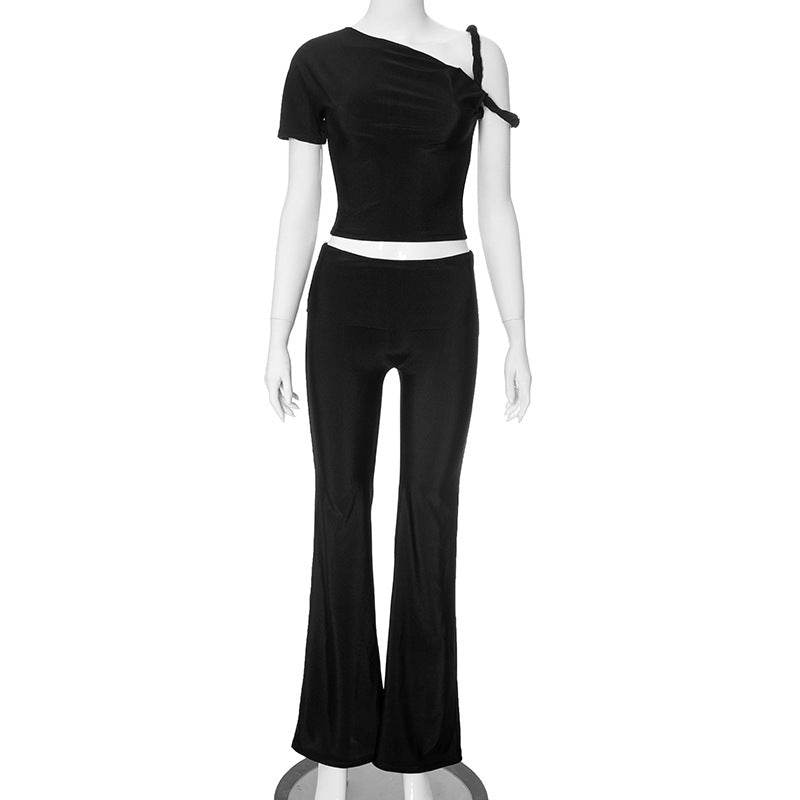 Shoulder Oblique Collar Top Low Waist Trousers Set - REBECATHELABEL