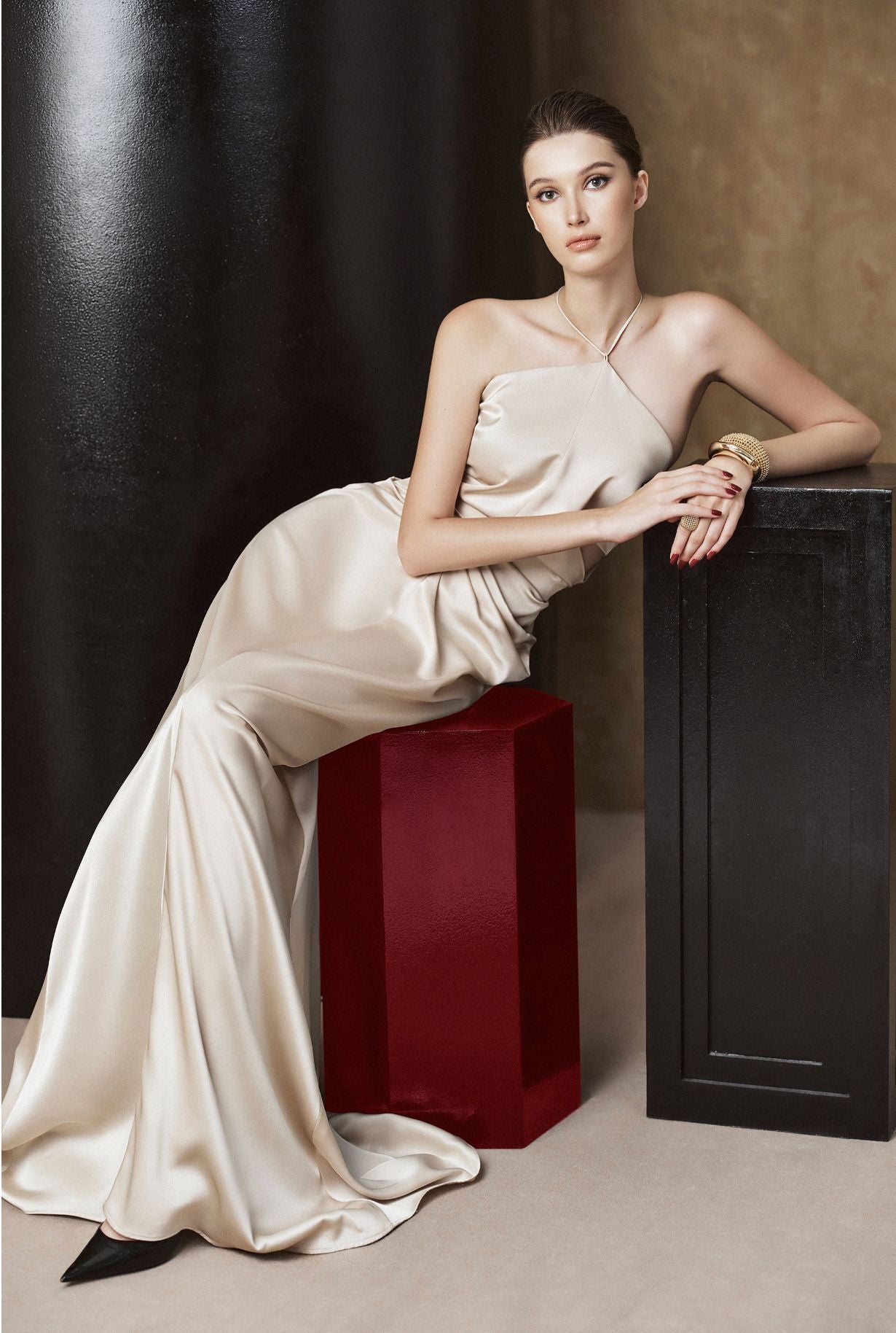 White Satin Halter Neck Mermaid Dress