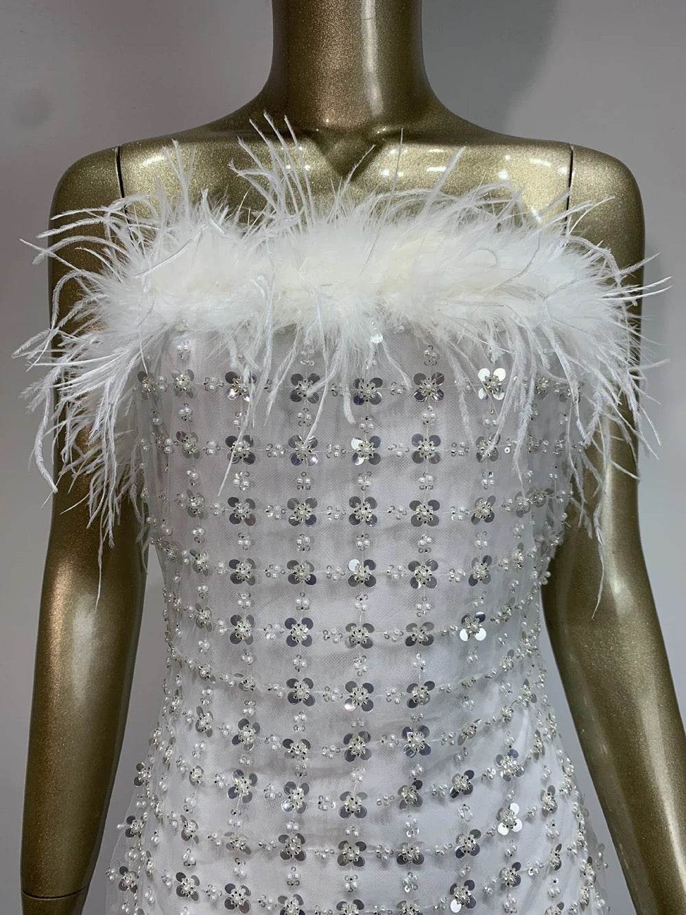 White Strapless Feather Sequins Tight Fit Mini Dress - REBECATHELABEL