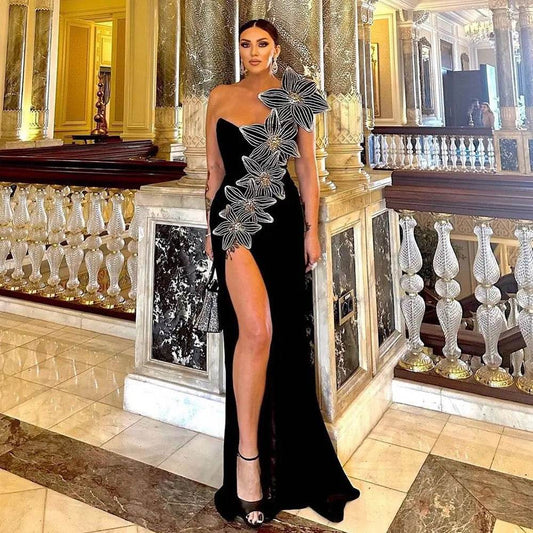 One Shoulder Diamond Flower Maxi dress - REBECATHELABEL