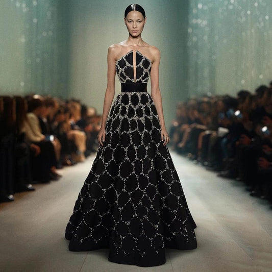 Long Party Dress with Sequin Lace Strapless Leading Prom Formal Elegant dress - REBECATHELABEL