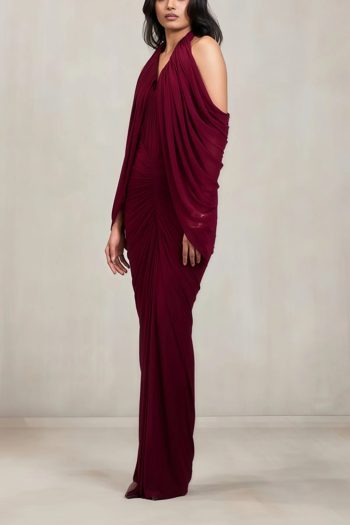 Red Cold Shoulder Draped Maxi Dress