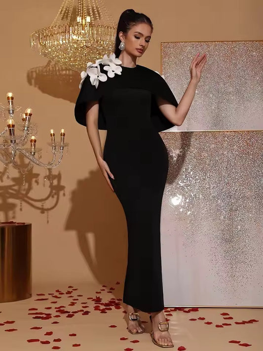 Black Splicing Appliques Shawl Sleeves Slim Long Dress