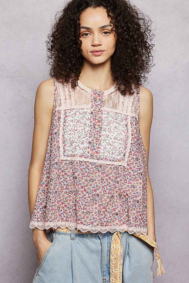 POL Printed Woven Lace Back Round Neck Sleeveless Top