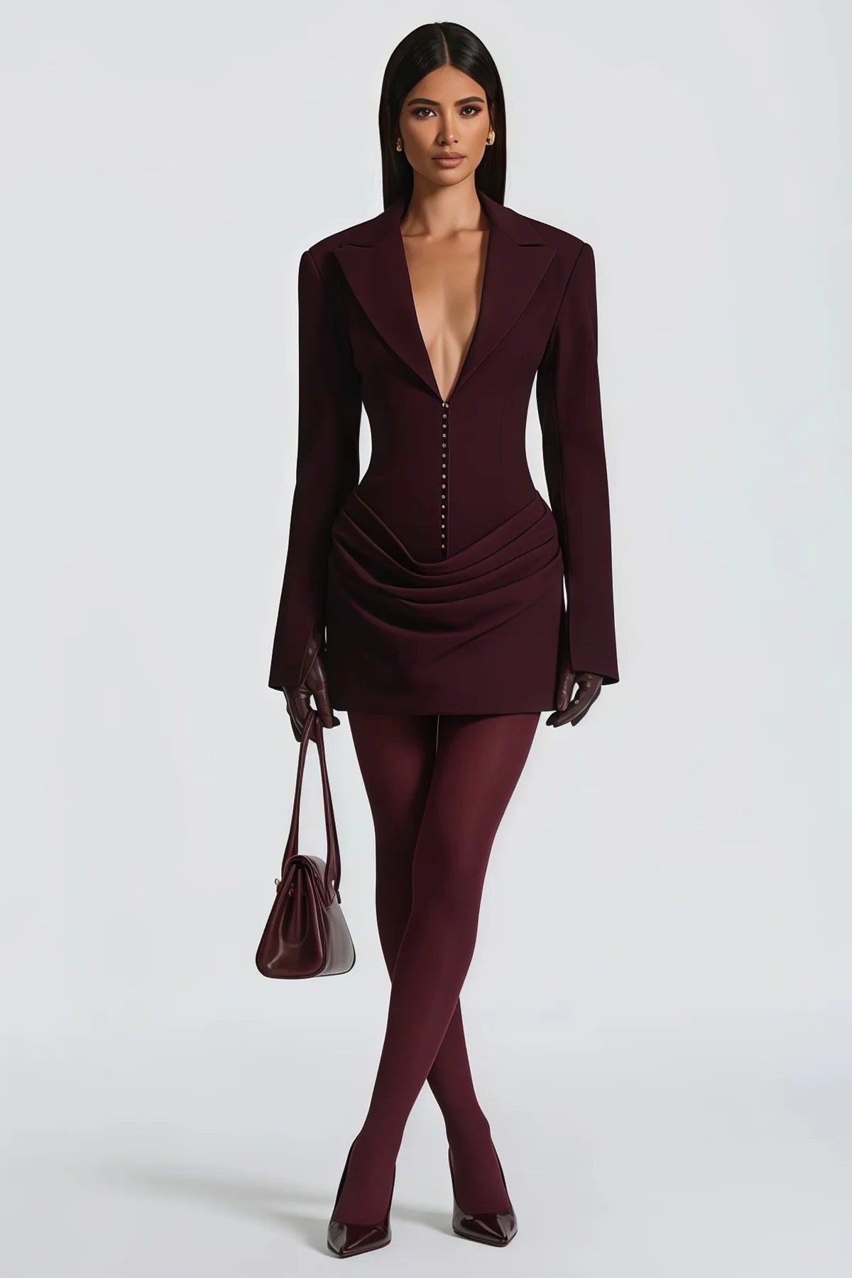 Wine Red Ruched Blazer Mini Dress