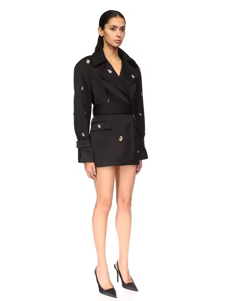 Long Blazer Belt Crystal Long Sleeve Lapel Solid Female Coats