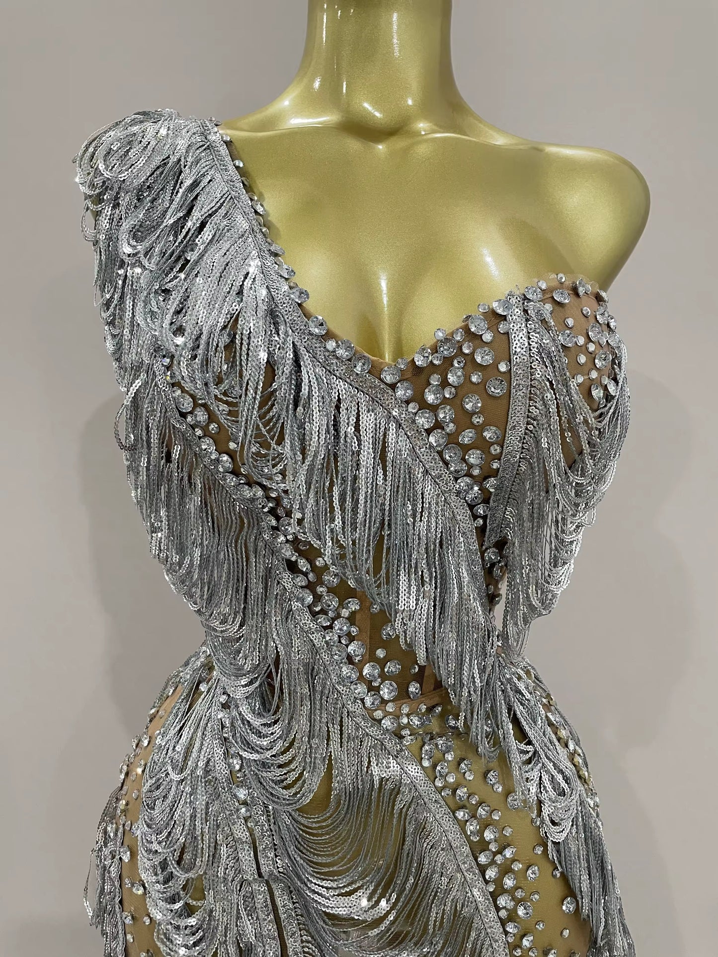 Sparkly Rhinestone Sequins Tassel Mesh One Shoulder Short Dress