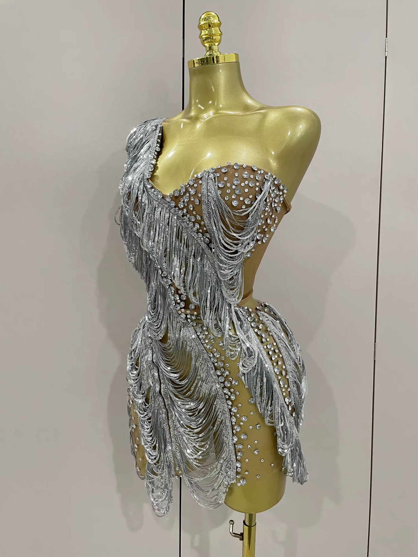 Sparkly Rhinestone Sequins Tassel Mesh One Shoulder Short Dress