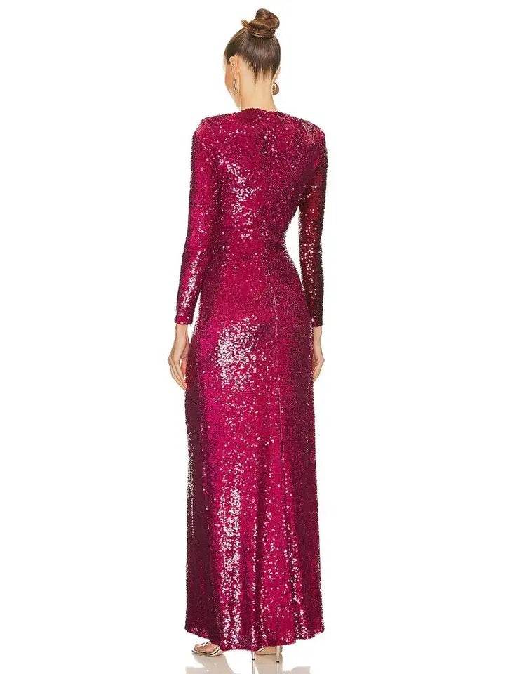 Sequins Long Sleeve Tight High Split Long Dress - REBECATHELABEL