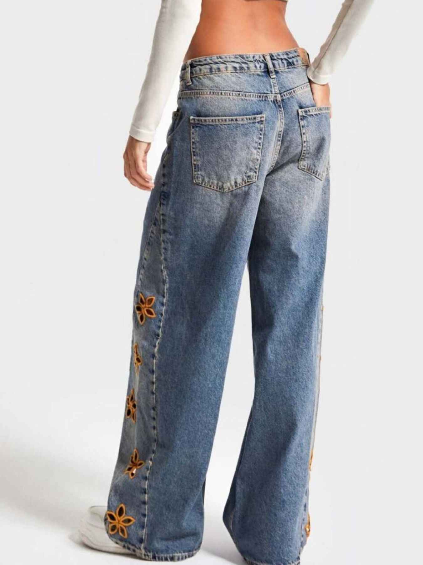 Floral Embroidered Wide Leg Jeans