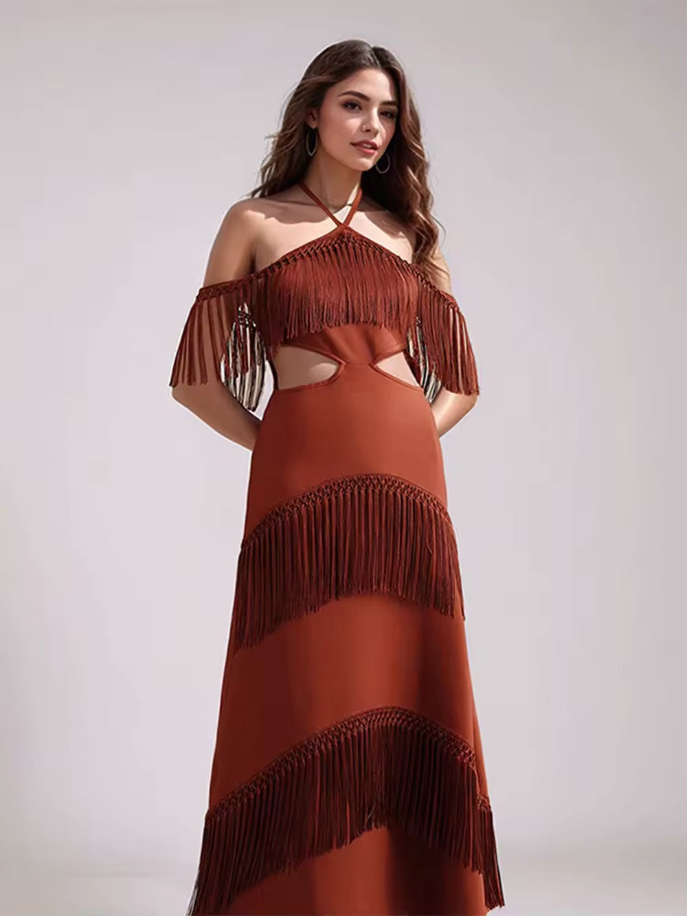 Tassels Solid Maxi Dress Sexy Halter Spaghetti Lady Long Dress