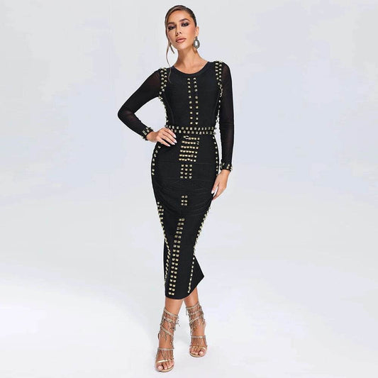 Round Neck Long Sleeve Metal Button Tight Bandage Dress - REBECATHELABEL