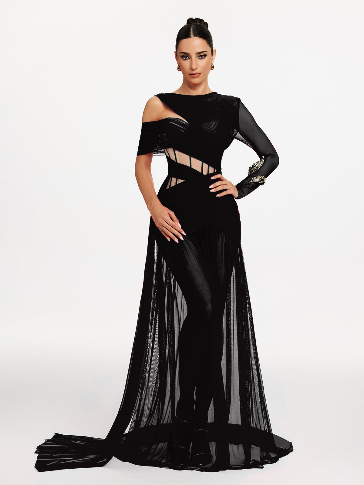 Corset Cutout Mesh Maxi Dress In Black