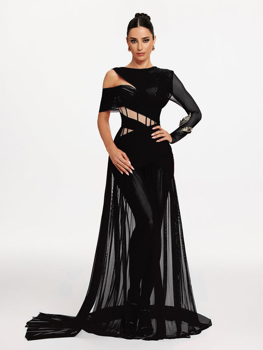 Corset Cutout Mesh Maxi Dress In Black