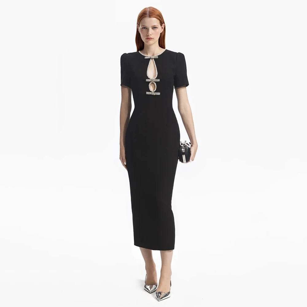 Hollow Diamond Short Sleeve Tight Midi Bandage Dress - REBECATHELABEL