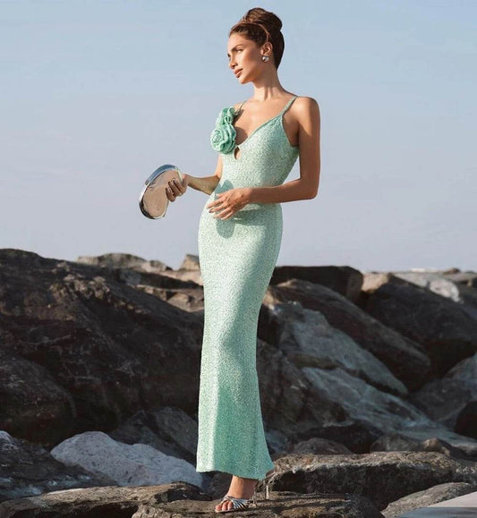 Backless Sequins 3D Flower Details Tight Fit Long Dress - REBECATHELABEL