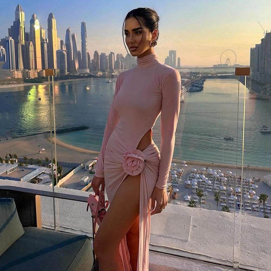 Long sleeved Flower Draped Hollow Tight Long Split Dress - REBECATHELABEL