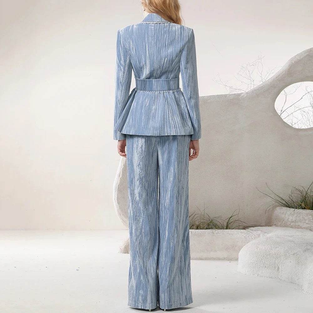 Velvet Set Loose Retro Suit Coat and Wide Pants Belt Set - REBECATHELABEL