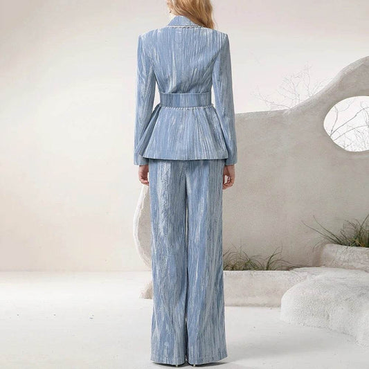 Velvet Set Loose Retro Suit Coat and Wide Pants Belt Set - REBECATHELABEL