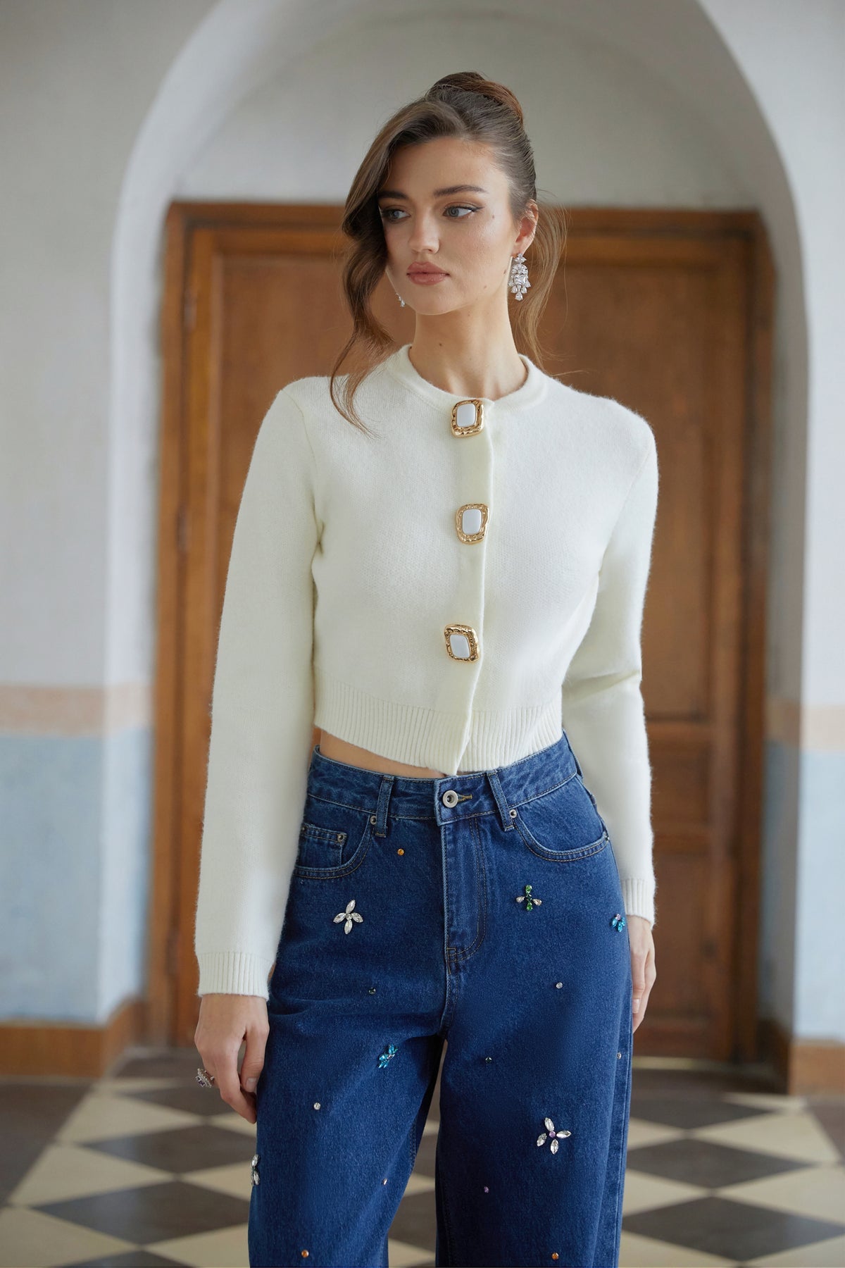 White Cropped Knit Cardigan