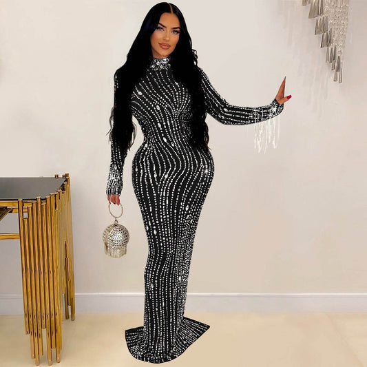 Mesh Drilling rhinestone Dress - REBECATHELABEL