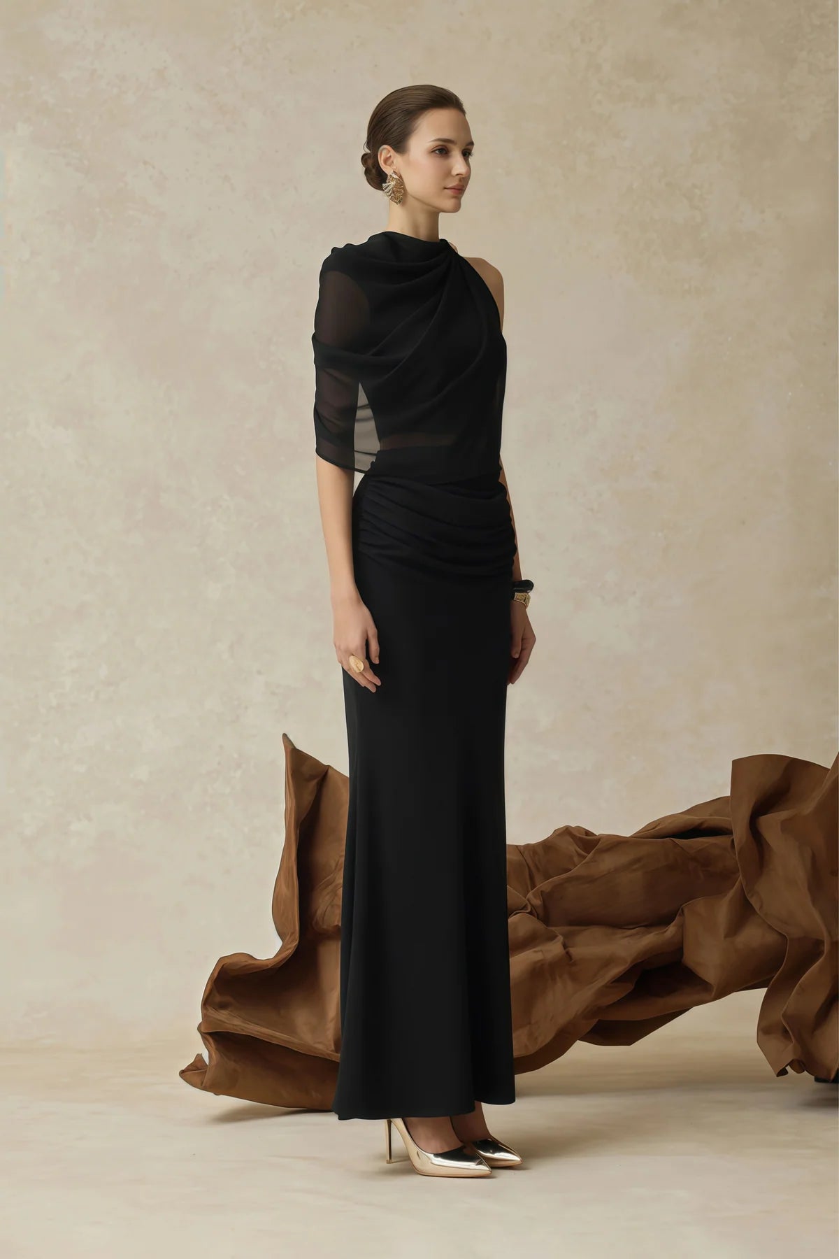 Black Asymmetrical Ruched Top & Skirt Set